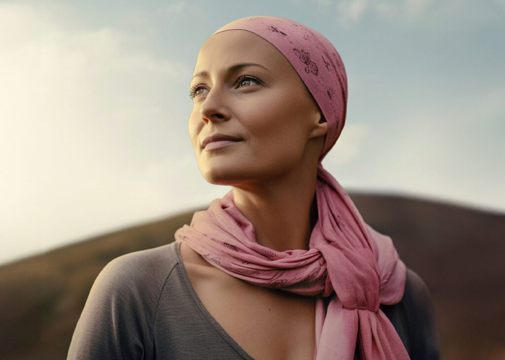 mulher careca com lenço rosa na cabeça, introspectiva olhando para o horizonte.