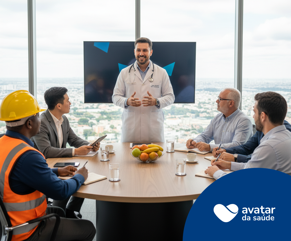medico falando para um grupo de trabalhadores de diferentes funcoes